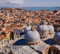 The view of the domes of St Marks Basilica as seen from the top of the Campanile