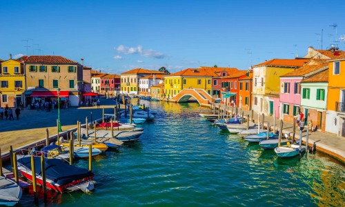 view of a channel on murano island in Venice, Italy.