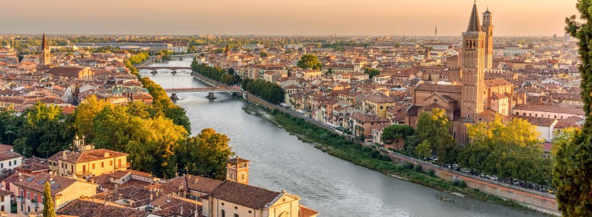 Aerial view of Verona at sunset, Veneto region, Italy.